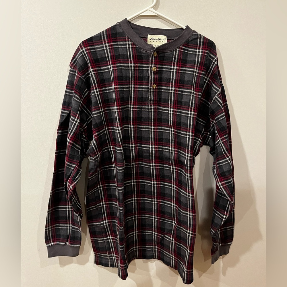 Men's Eddie Bauer Red and Charcoal Gray Plaid Long Sleeve Henley Shirt